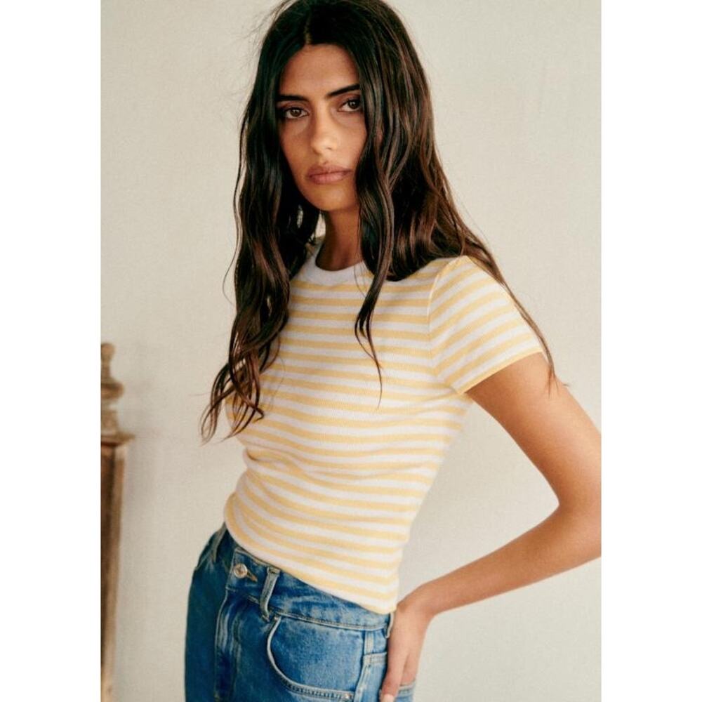 Sezane Camil T-Shirt – Pastel Yellow Cropped Knit Tee